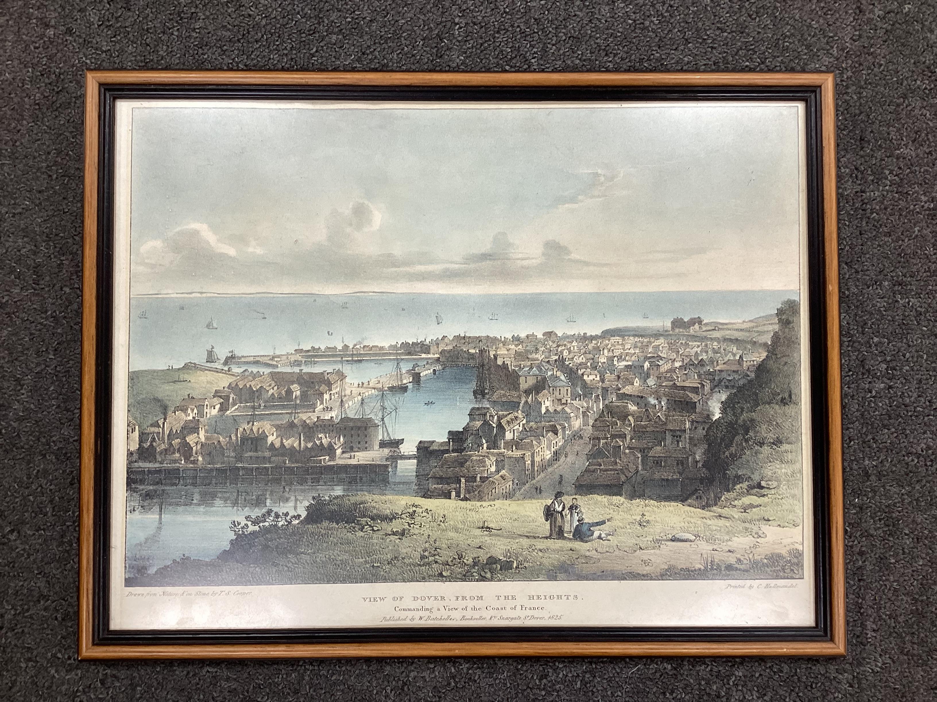 After Samuel and Nathaniel Buck (17th/18th. C) four hand coloured engravings, The South Prospect of Dover in the County of Kent, 40cm x 86 cm; unframed The North View of Dover Castle in the County of Kent, 1735, 20cm x 3